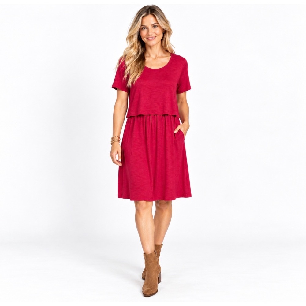 NWT J.Jill Sangria Red Slub Knit Layered Look Short Sleeve Midi Dress Large